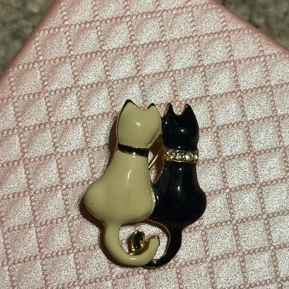 Cat Brooch - Black and Cream with Rhinestones in Gold Tone